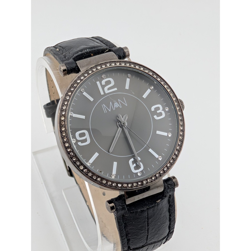 IMAN Women's Watch 36mm Case Crystal Bezel Black Leather Band- New Battery